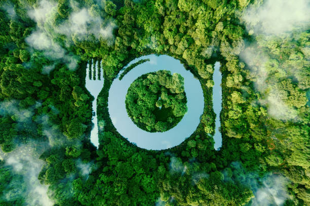 A lake in the shape of a cutlery plate, in the middle of unspoilt nature. A metaphor for veganism, vegetarianism and the meat-free trend in eating. 3d rendering. stock photo
