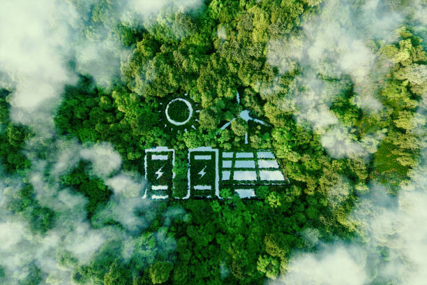 A lake in the shape of a solar, wind and energy storage system in the middle of a lush forest as a metaphor for the concept of clean and organic renewable energy. 3d rendering. stock photo