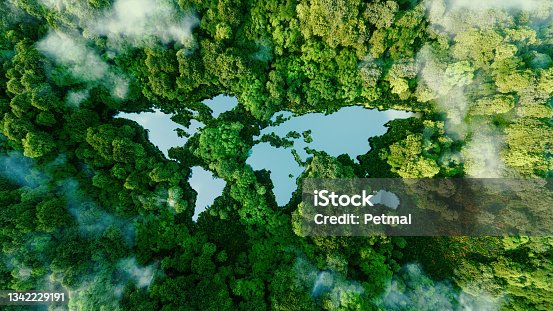 istock A lake in the shape of the world's continents in the middle of untouched nature. A metaphor for ecological travel, conservation, climate change, global warming and the fragility of nature.3d rendering 1342229191