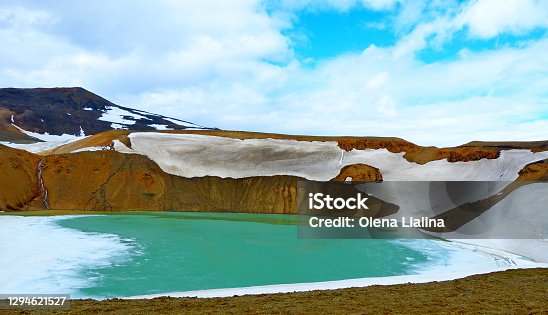 istock lake Krafla in volcaniccrater Iceland, unique landscape. 1294621527