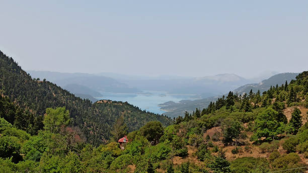 Lake Kremasta and Episkopi bridge in Karpenissi Greece stock photo