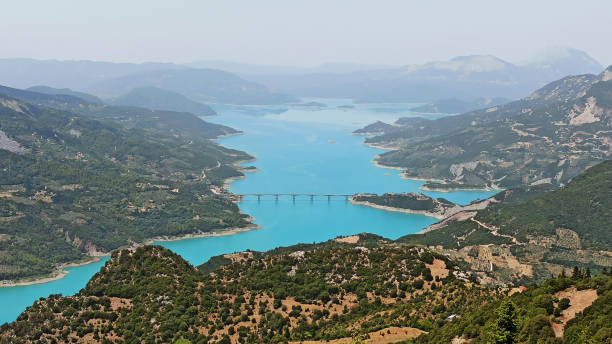 Lake Kremasta and Episkopi bridge in Karpenissi Greece stock photo
