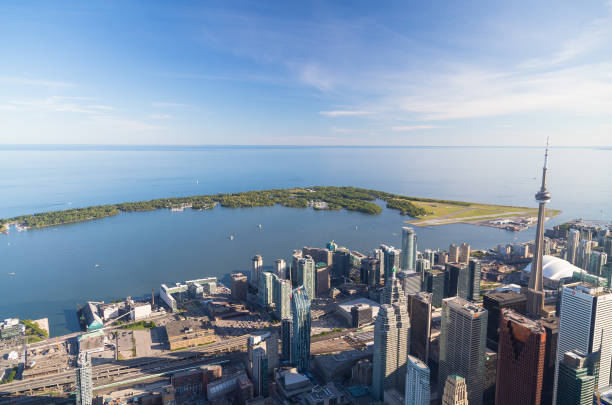 Lake Ontario from the Air showing some buildings in downtown Toronto stock photo