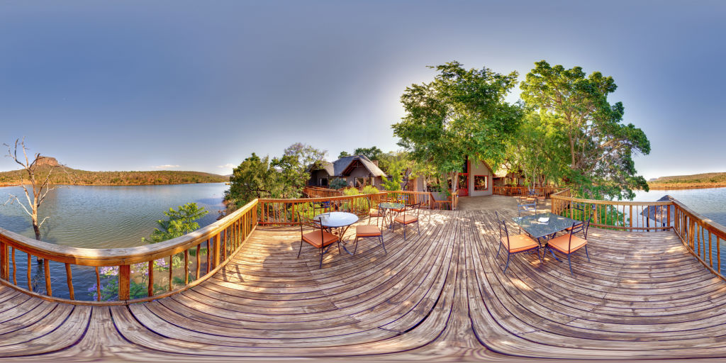 High resolution equirectangular panoramic shot from a lakeside deck...
