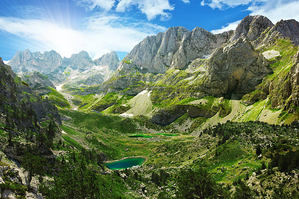 Lakes in Albanian Alps Amazing view of mountain lakes in Albanian Alps valley stock pictures, royalty-free photos & images