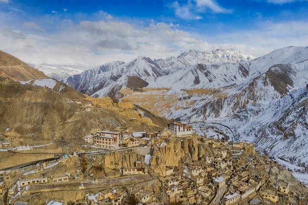 Lamayuru Gompa (monastery) in Ladakh, Jammu and Kashmir, India Aerial view of Lamayuru Gompa (monastery) on a winter day. It is affiliated with the Drikung Kagyu school of Tibetan Buddhism. Lamyauru is located on the Srinagar - Leh highway in an altitude of 3.510 m. lamayuru stock pictures, royalty-free photos & images