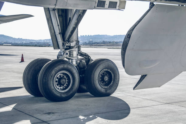 Landing Gears Close Up of A Passenger Airplane stock photo