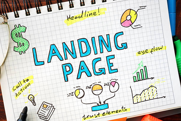 Landing page written in a notebook. SEO concept. stock photo