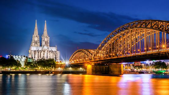Panoramic skyline of Cologne with the Cathedral, the Great St. Martin Church and the Hohenzollern Bridge. 