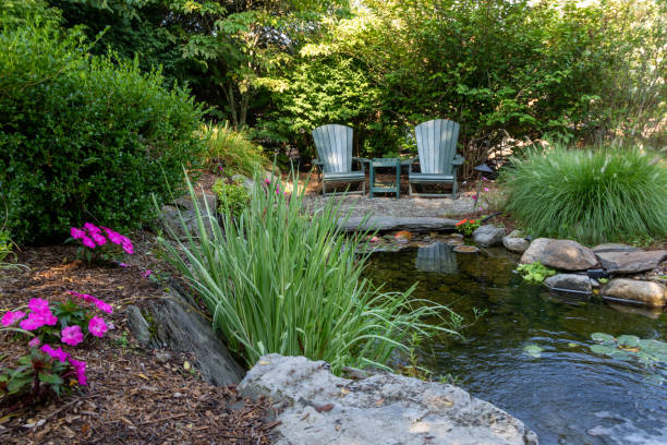Landscape architecture for spring and summer garden with water feature Landscape architecture with pink flowers and ornamental grasses for summer garden with water feature pond stock pictures, royalty-free photos & images