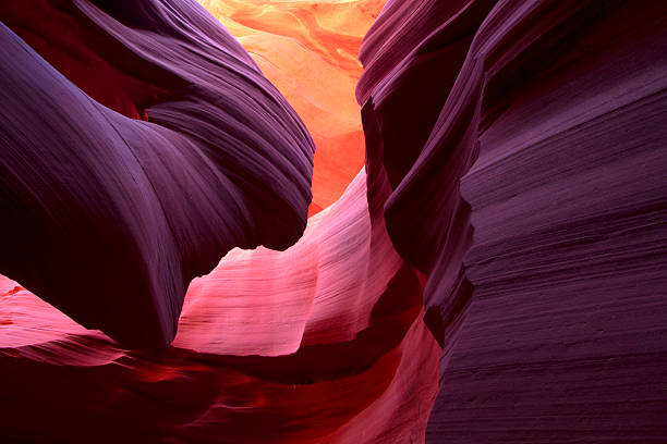 landscape image of lower antelope canyon in stunning colors - rotsformatie stockfoto's en -beelden