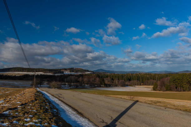 Landscape near Velesin town in winter windy day stock photo