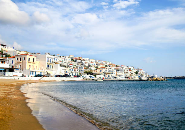 landscape of Batsi beach Andros island Greece stock photo