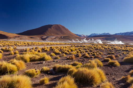 Scenic view of salt flat, volcanoes sand dunes and road in Atacama, Chile