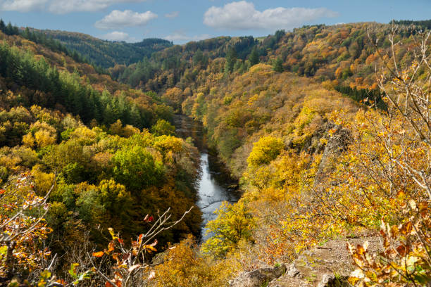 Landscape of Le Herou, a spectacular cliff near the Ourthe river in the Ardennes forest of Wallonia stock photo
