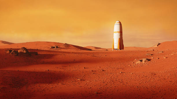 landscape on planet Mars, rocket landing on the red planet beautiful martian landscape with spaceship mars planet stock pictures, royalty-free photos & images