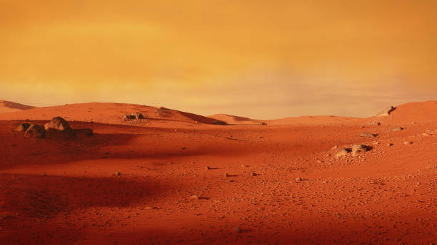 landscape on planet Mars, scenic desert scene on the red planet (3d space illustration) stock photo