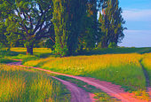 Landscape painting showing road through the countryside on sunny summer day.