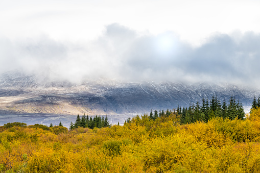 Landscape view of Thingvellir mountains on Golden circle, Iceland with clouds covering Thingvallavatn range in park with autumn foliage and dramatic light