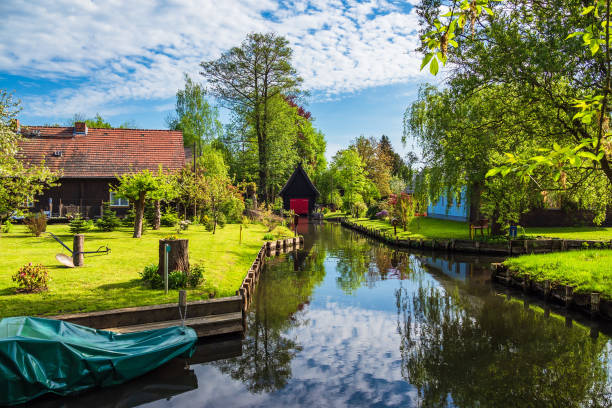 Landscape with cottages in the Spreewald area, Germany stock photo