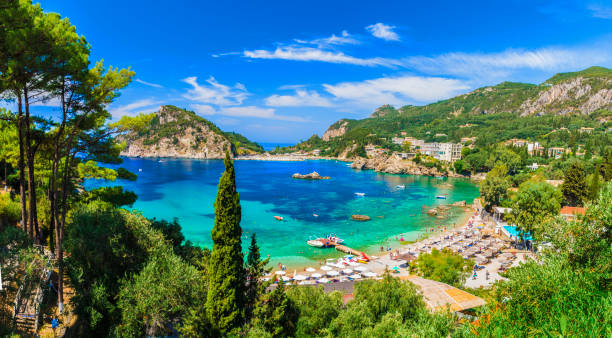 Landscape with Palaiokastritsa beach on Corfu Palaiokastritsa beach on Corfu islands, Greece. adriatic sea stock pictures, royalty-free photos & images