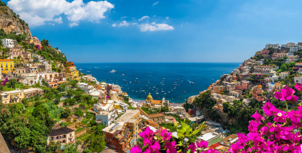 Landscape with Positano Landscape with Positano town at famous amalfi coast, Italy amalfi coast stock pictures, royalty-free photos & images