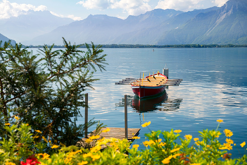 landscape with rowing boat on the on the Lake Geneva, Switzerland