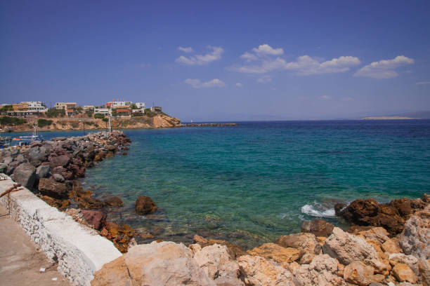 Landscape with sea bay on island of Aegina in Saronic Gulf, Greece stock photo