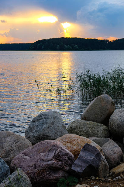 Landscape with Seliger lake in Tver oblast, Russia at sunset stock photo