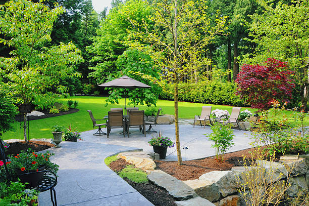 Landscaped Back Yard Landscaped Back Yard landscaped stock pictures, royalty-free photos & images