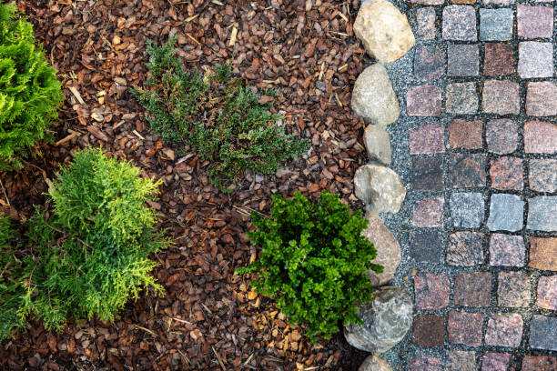 landscaped garden - mulched flower bed and granite cobblestone path. top view landscaped garden - mulched flower bed and granite cobblestone path. top view mulch stock pictures, royalty-free photos & images