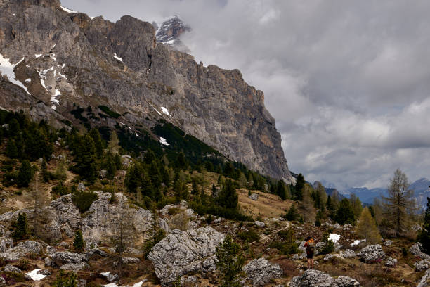 Landscape-facing photographer portraying the beautiful nature near the Falzarego pass in the Italian Dolomites stock photo