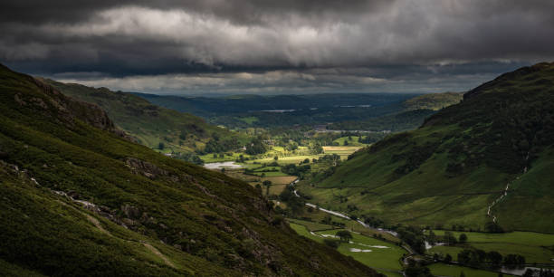 Langdale Valley from Stickle Ghyll near Elterwater, Cumbria, England stock photo