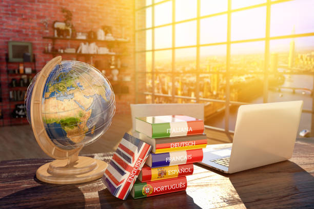 Languages learning and translate, communication and travel concept stock photo