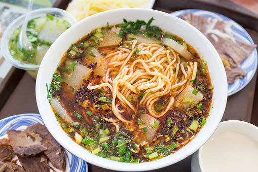 lanzhou beef noodles, lanzhou stretched noodles, a local snack in gansu province, China