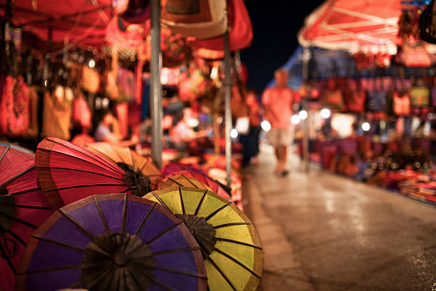 Lao Umbrellas on a night market stock photo