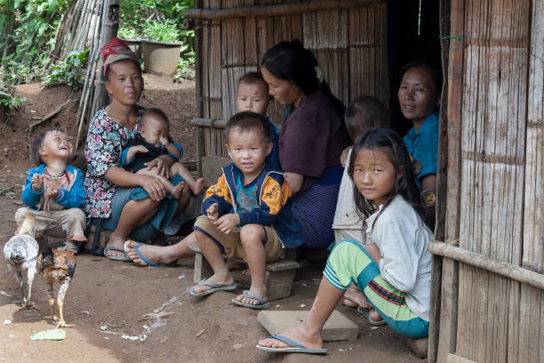 Laos - Hmong people, hill tribe village north of Luang Prabang province. stock photo
