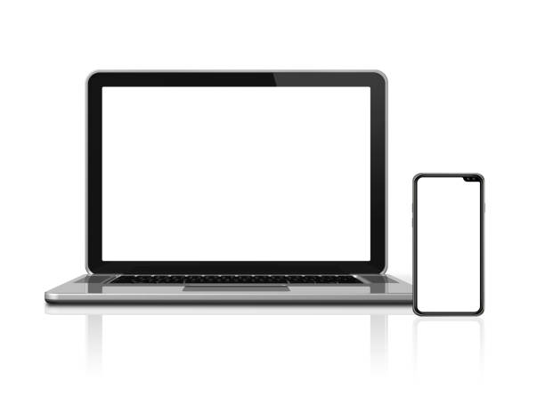 ノートパソコンとスマートフォンは、白で隔離されたモックアップを設定します。3d レンダリング - スマホ　画面 ストックフォトと画像