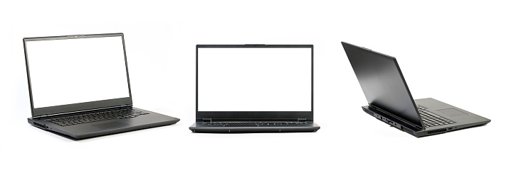 Laptop computer with white screen and keyboard angle, front and rear view. Each shot is taken separately, clipping masks for laptops and screens