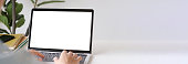 istock Laptop computer screen mockup, template background banner, Man hand typing laptop computer with blank screen, Business online, e commerce, online study concept 1329619660