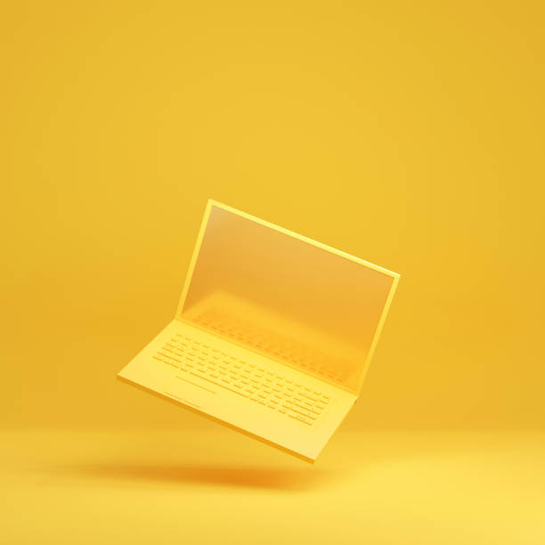 3D laptop isolated on yellow background. Abstract computer levitating with blank screen and copy space. Minimal concept. Trendy notebook flying. Technology template mockup. 3D render one color illustration One color rendering illustration. Yellow laptop with copy space for shopping concept or product placement. levitation stock pictures, royalty-free photos & images