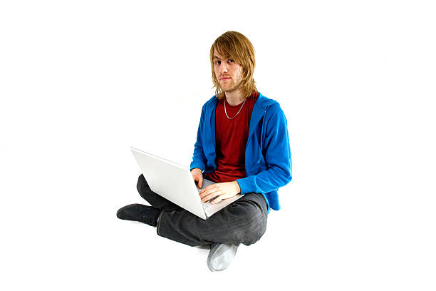 laptop man isolated background stock photo