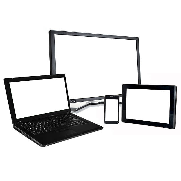 laptop, pc, smart phone and pad on white stock photo