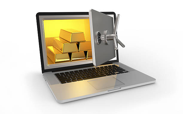 Laptop safe Laptop safe with gold bars isolated on white background 3D rendering safes and vaults stock pictures, royalty-free photos & images