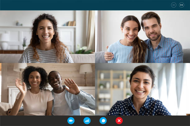 Laptop screen view four multiethnic families contacting distantly by videoconference Laptop webcam screen view multiethnic families contacting distantly by videoconference. Living abroad four diverse friends making video call enjoy communication, virtual interaction modern app concept adult cams stock pictures, royalty-free photos & images