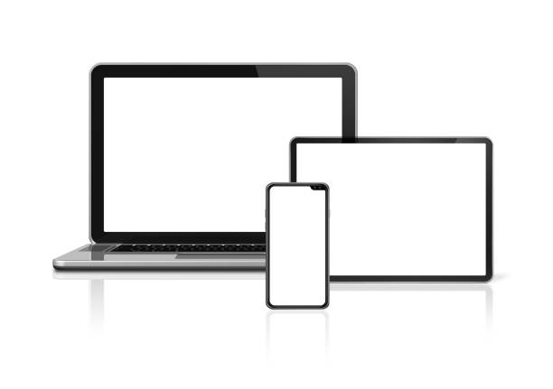 laptop, tablet and phone set mockup isolated on white. 3d render - equipamento imagens e fotografias de stock