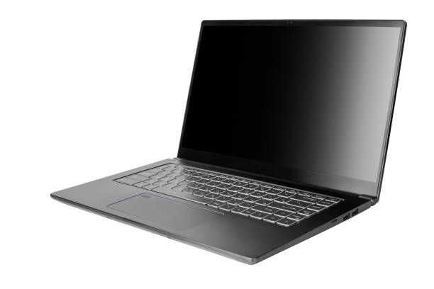 Laptop with blank black screen on white background isolated close up side view, modern slim computer design, open empty display, pc mockup, studio shot, copy space stock photo