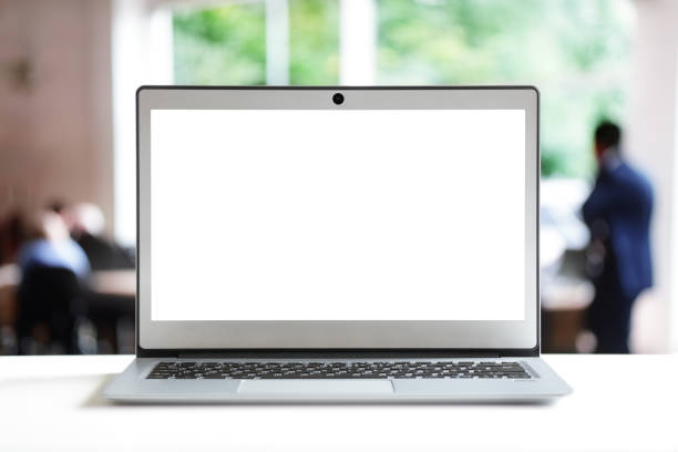 Laptop with blank screen in office Laptop with blank screen copy space in office ready for content or mock up blank screen stock pictures, royalty-free photos & images