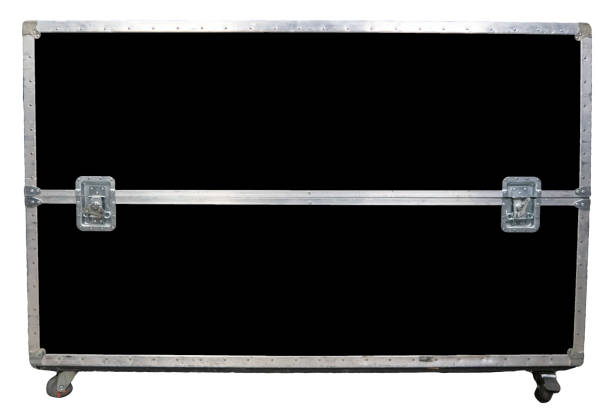 A large closed black and silver metal roadcase stock photo