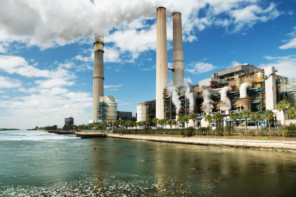A large coal-fired power plant in Tampa and dozens of manatees basking in warm waters stock photo